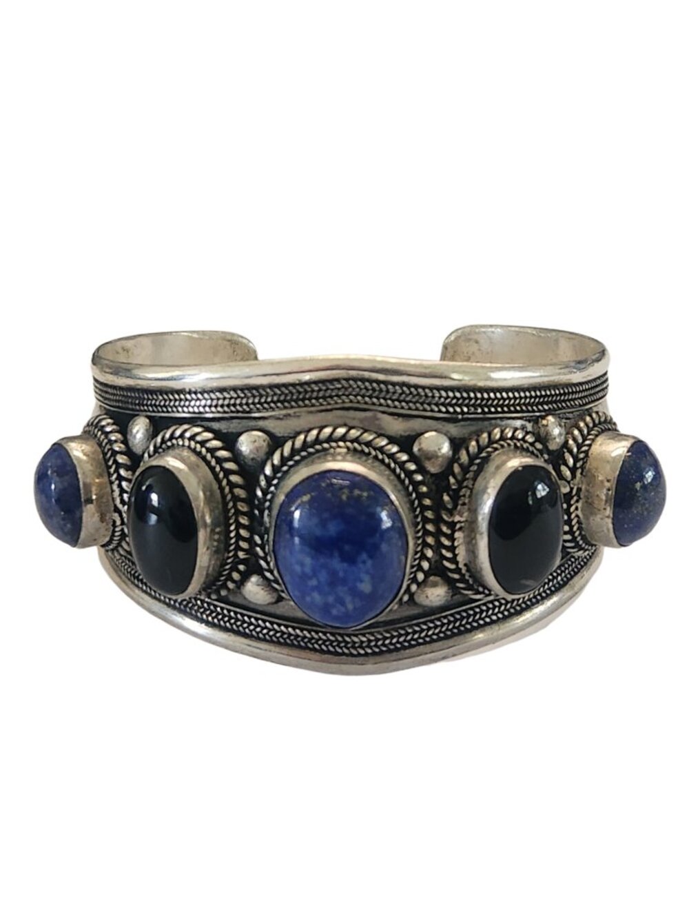 Artisan Silver Tone Blue Black Stone Statement Cuff Bracelet 40mm